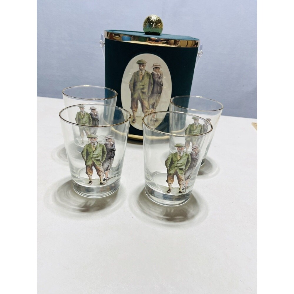 Vintage Golf Barware Set 4 Gold Rim 8 oz Tumblers Ice Bucket USA Made